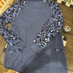 Blue Leopard Print Long Sleeve Top